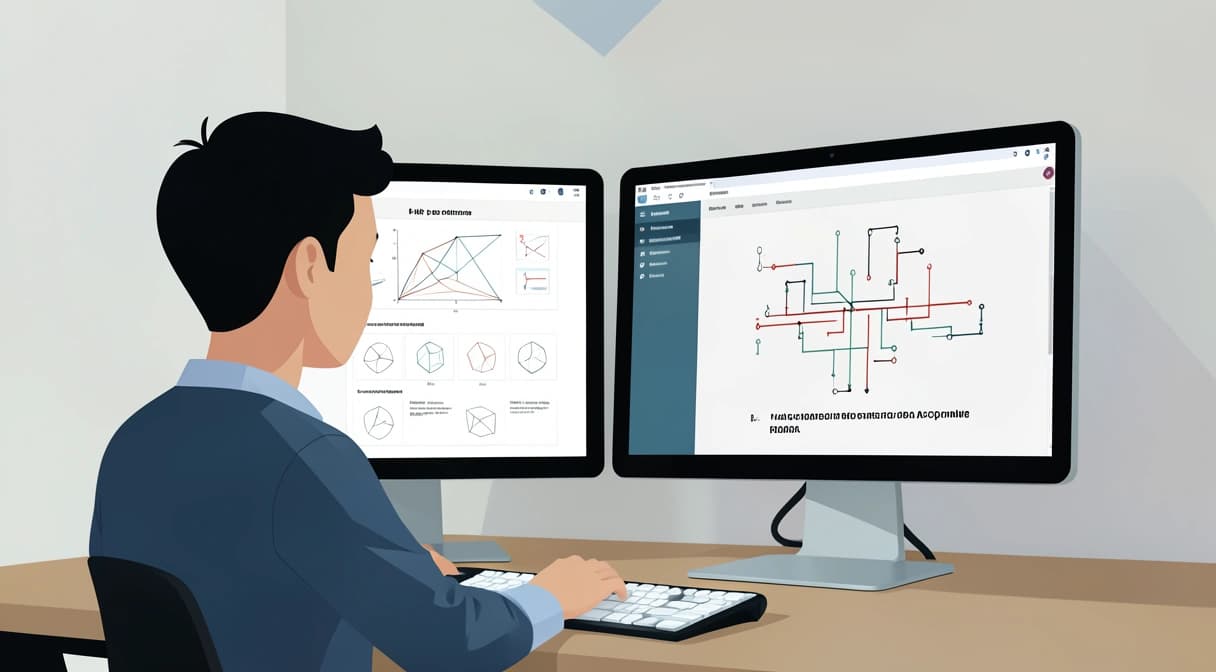 Illustration d'un élève utilisant une interface de tutorat IA spécialisée, avec des fenêtres montrant des exercices de maths et de physique