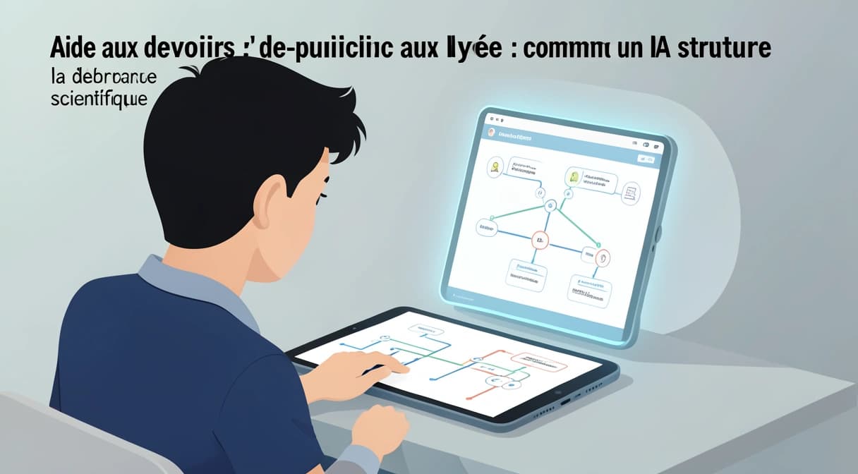 Illustration d'un élève de lycée travaillant sur un problème de physique avec un tuteur IA en arrière-plan, symbolisant un guide structuré