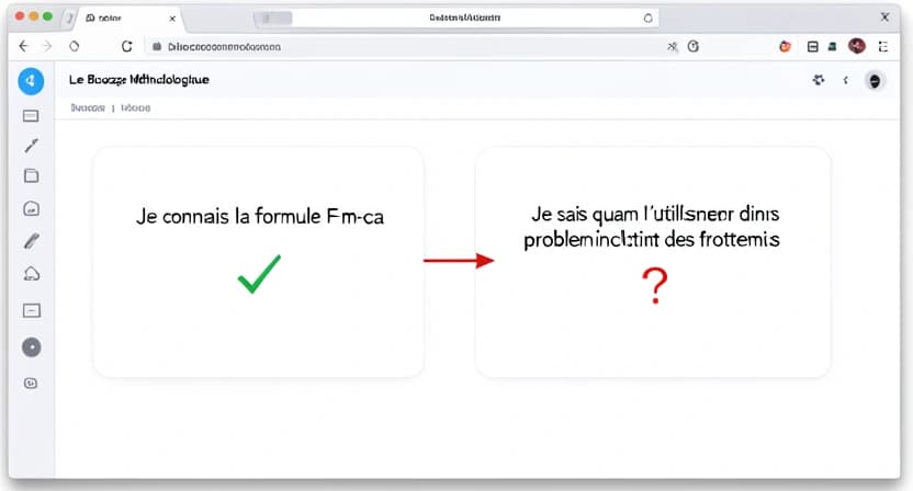 Graphique ou illustration montrant l'écart entre la connaissance des formules et la capacité à les appliquer dans un problème nouveau