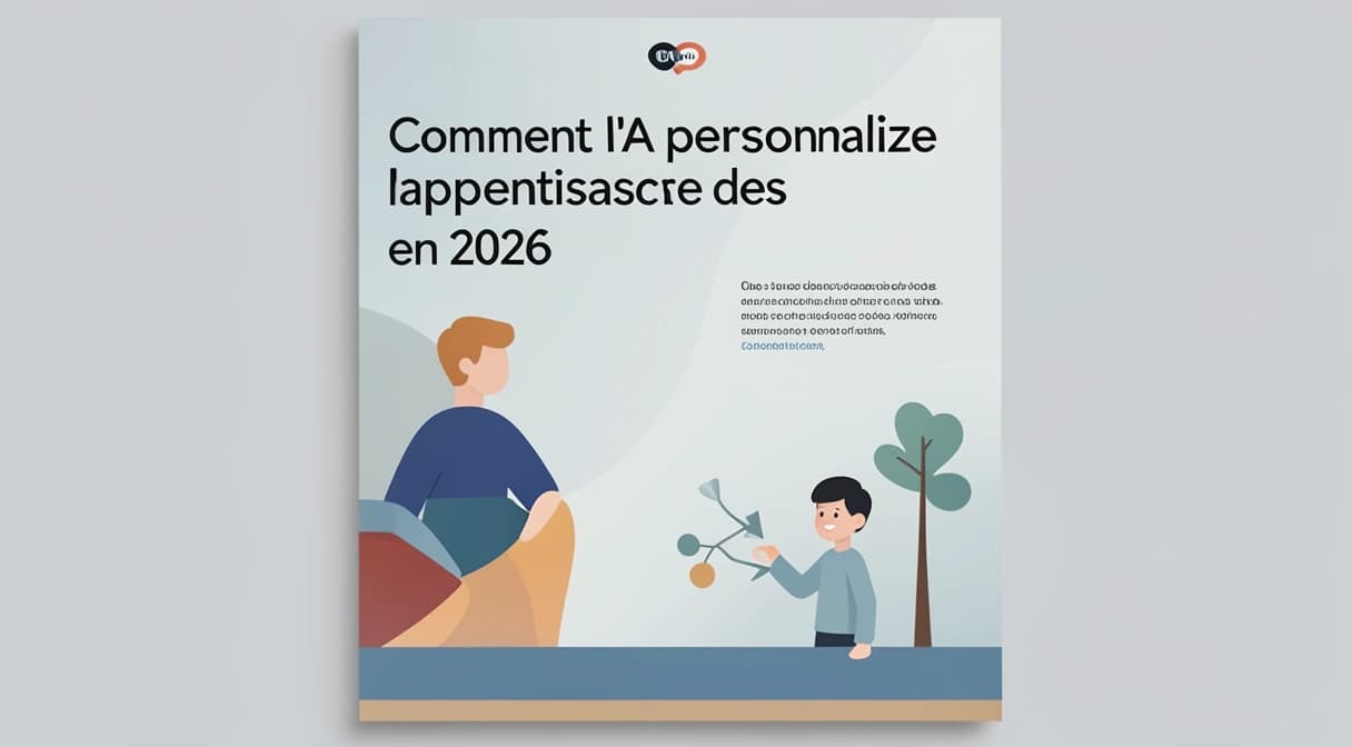 Enfant interagissant avec un tuteur IA personnalisé sur tablette, des chemins d'apprentissage et des bulles de connaissances s'adaptant en temps réel autour de lui