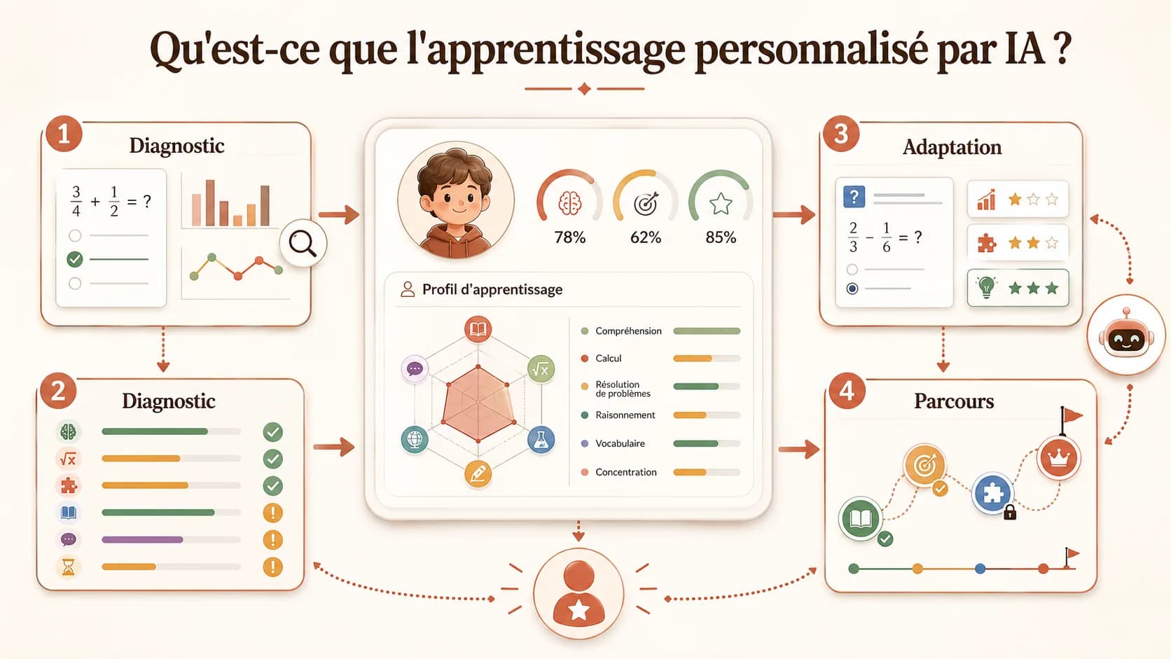 Capture d'écran d'un tableau de bord de tutorat IA montrant le profil d'apprentissage d'un enfant avec des graphiques de progression, des points forts identifiés et des recommandations d'exercices