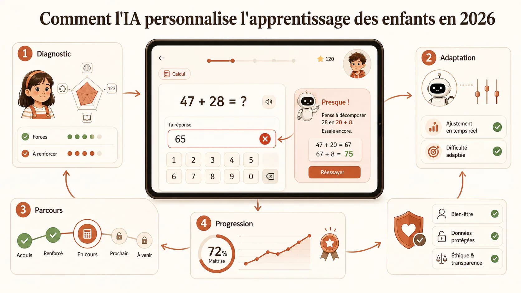 Capture d'écran de l'interface élève d'une plateforme de tutorat IA montrant un exercice de mathématiques interactif, avec un feedback contextuel qui s'affiche à côté de la réponse erronée