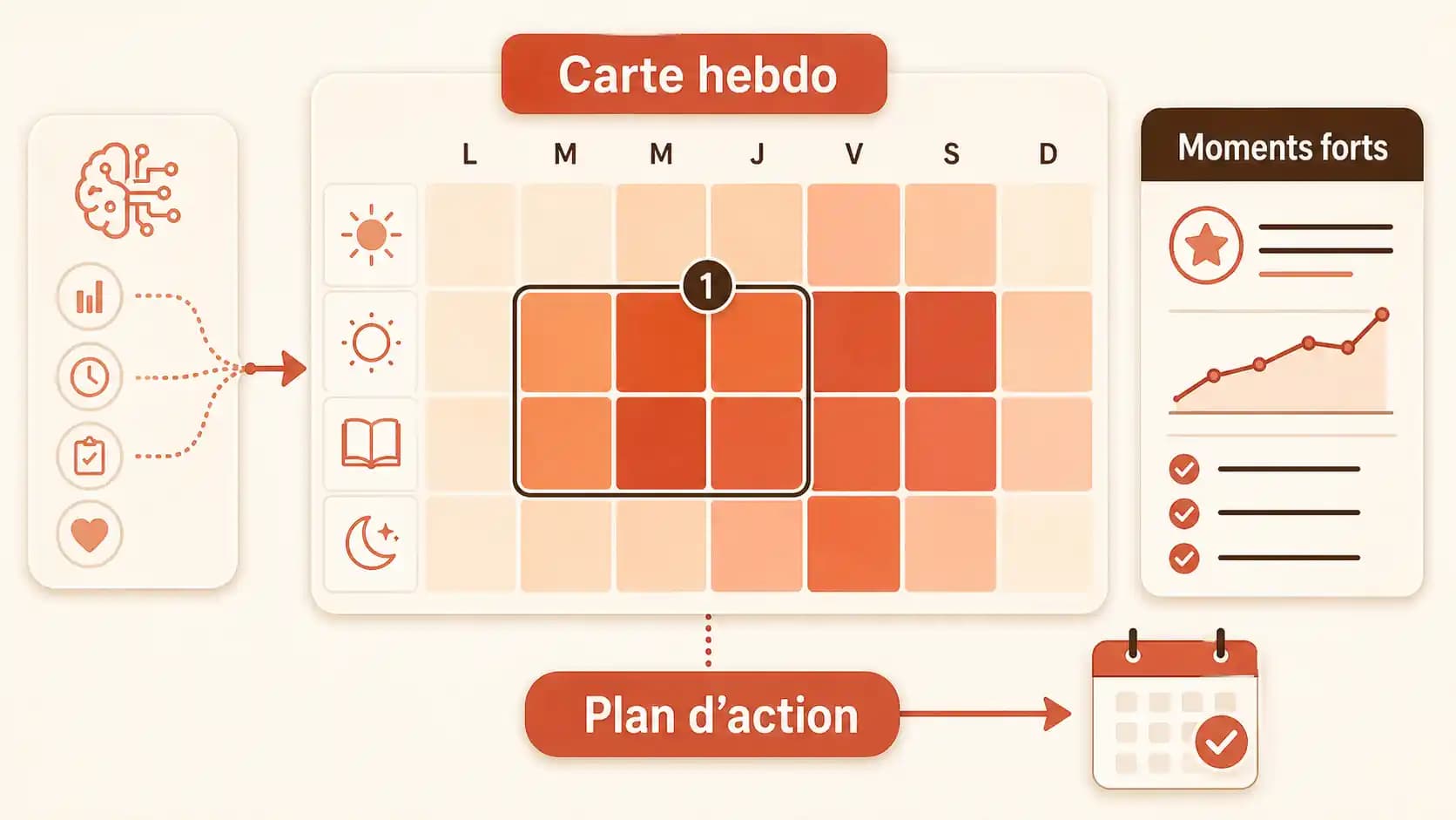 Graphique de type "carte de chaleur" montrant les heures de la semaine où un enfant est le plus réceptif et performant sur la plateforme de tutorat