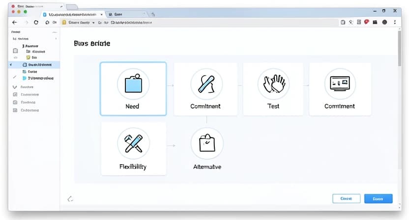 Infographie en 7 étapes avec des icônes : Budget, Besoin, Test, Engagement, Suivi, Flexibilité, Alternative