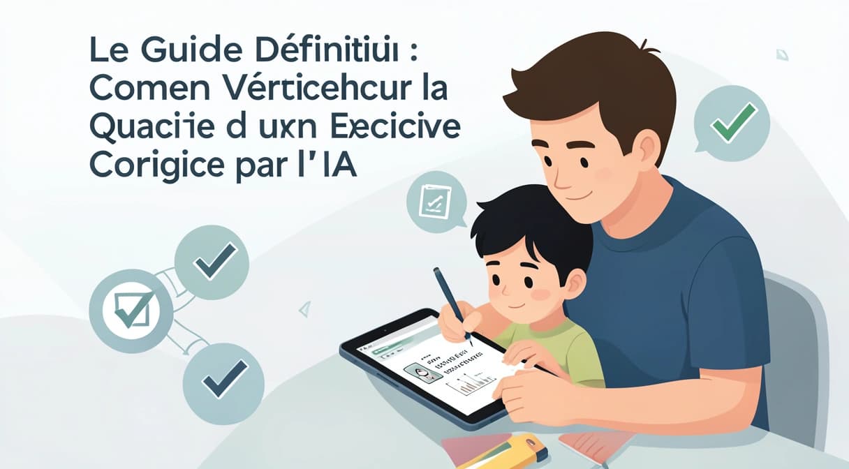 Un parent et un enfant examinant ensemble une correction d'exercice sur une tablette, avec des icônes de vérification et de loupe flottant autour.