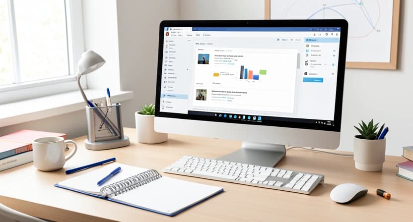Photo d'un espace de travail organisé avec un ordinateur ouvert sur une plateforme de tutorat IA, un cahier et des stylos.