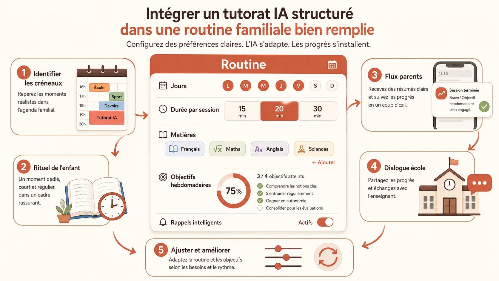 Capture d'écran d'une page de configuration d'Akademos permettant de définir les préférences d'apprentissage : durée des sessions (15, 20, 30 min), jours favoris, matières prioritaires, et objectifs hebdomadaires.