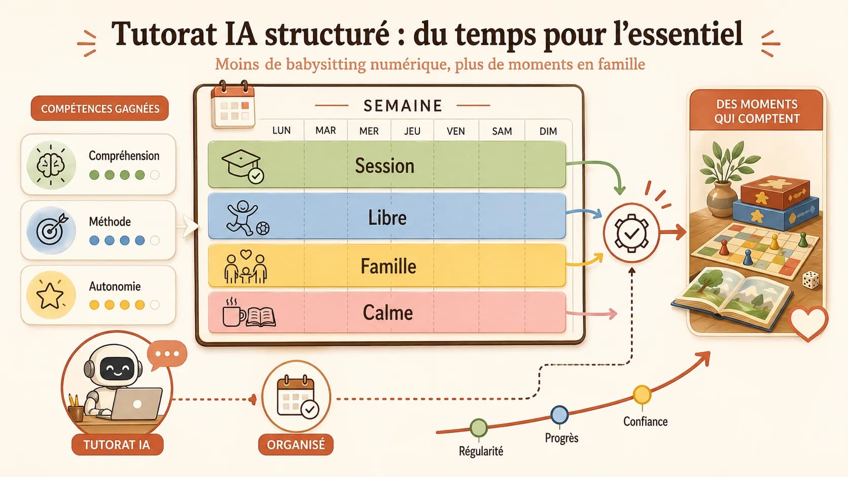 Capture d'écran d'une application de suivi d'activités familiales (type FamilyWall) montrant des plages colorées : "Session Akademos" (vert), "Temps libre/enfant" (bleu), "Activité en famille" (jaune), "Temps calme/parent" (rose).