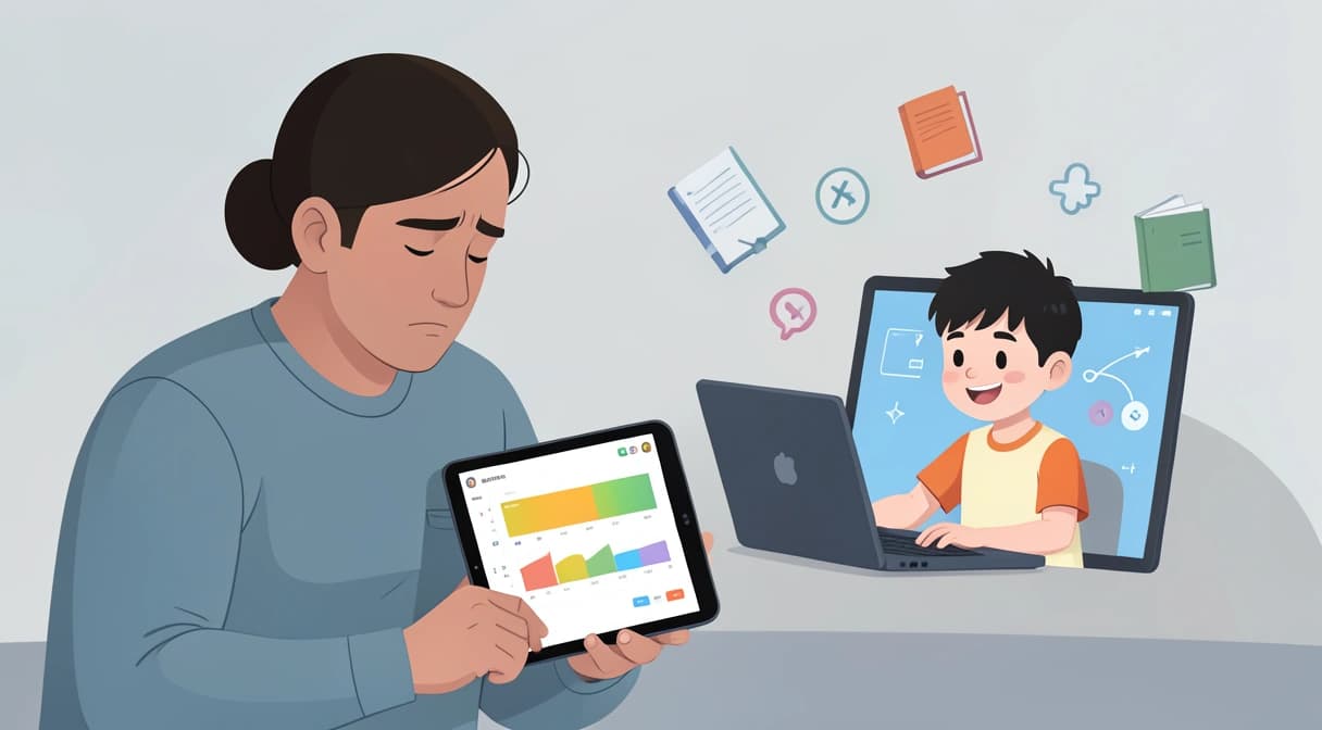 Un parent regardant un rapport de progression clair sur une tablette, tandis que son enfant travaille sereinement avec un avatar de tuteur IA à l'écran