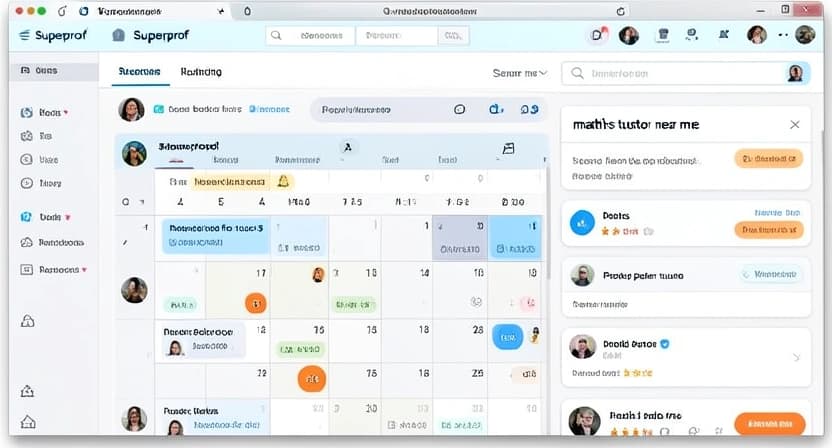Capture d'écran d'un site de réservation de cours particuliers type Superprof ou Acadomia, montrant un tableau de bord complexe avec des créneaux à réserver, des messages d'enseignants et un historique de paiements