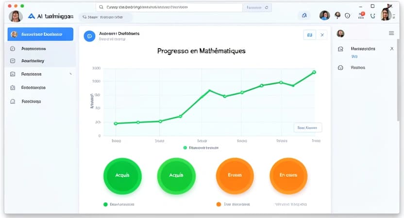 Capture d'écran d'une interface de plateforme de tutorat IA type Khan Academy Kids ou Duolingo, mais axée sur le programme français. On voit un dashboard parent avec un graphique de progression, des compétences acquises (vert) et à renforcer (orange), et un résumé de la dernière session.