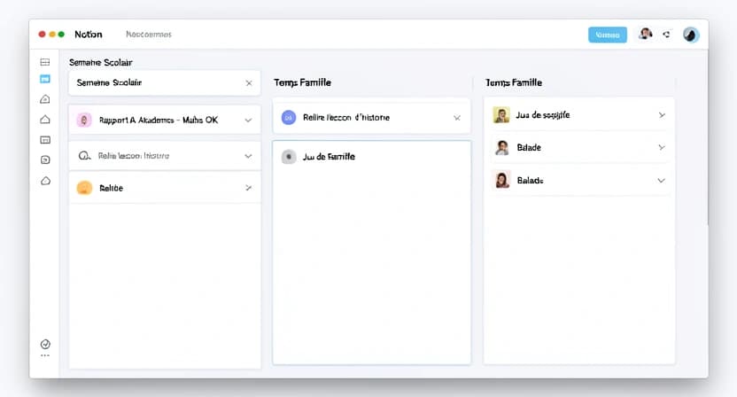 Capture d'écran d'un tableau de bord de productivité familiale type Notion ou Trello, montrant une intégration entre le planning de la semaine, les rapports de l'IA tutor, et des rappels pour des activités familiales