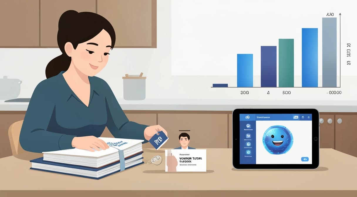 Graphique comparatif du budget éducation : un parent compare les prix entre des cahiers de vacances, un tuteur humain et une tablette avec un logo IA, avec des graphiques en barres montrant des différences de coût significatives.