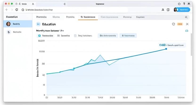 Capture d'écran d'une application de suivi de dépenses (type Linxo) filtrée sur la catégorie "Éducation". Le graphique montre une évolution mensuelle, avec un pic en septembre (achats de fournitures) et des dépenses récurrentes plus stables.