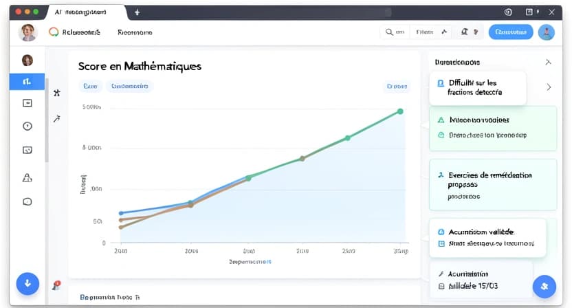 Capture d'écran du tableau de bord parent d'Akademos montrant la progression d'un enfant en mathématiques sur un graphique en courbe. Des points clés sont annotés : "Acquis", "À revoir", avec des suggestions d'activités ciblées.
