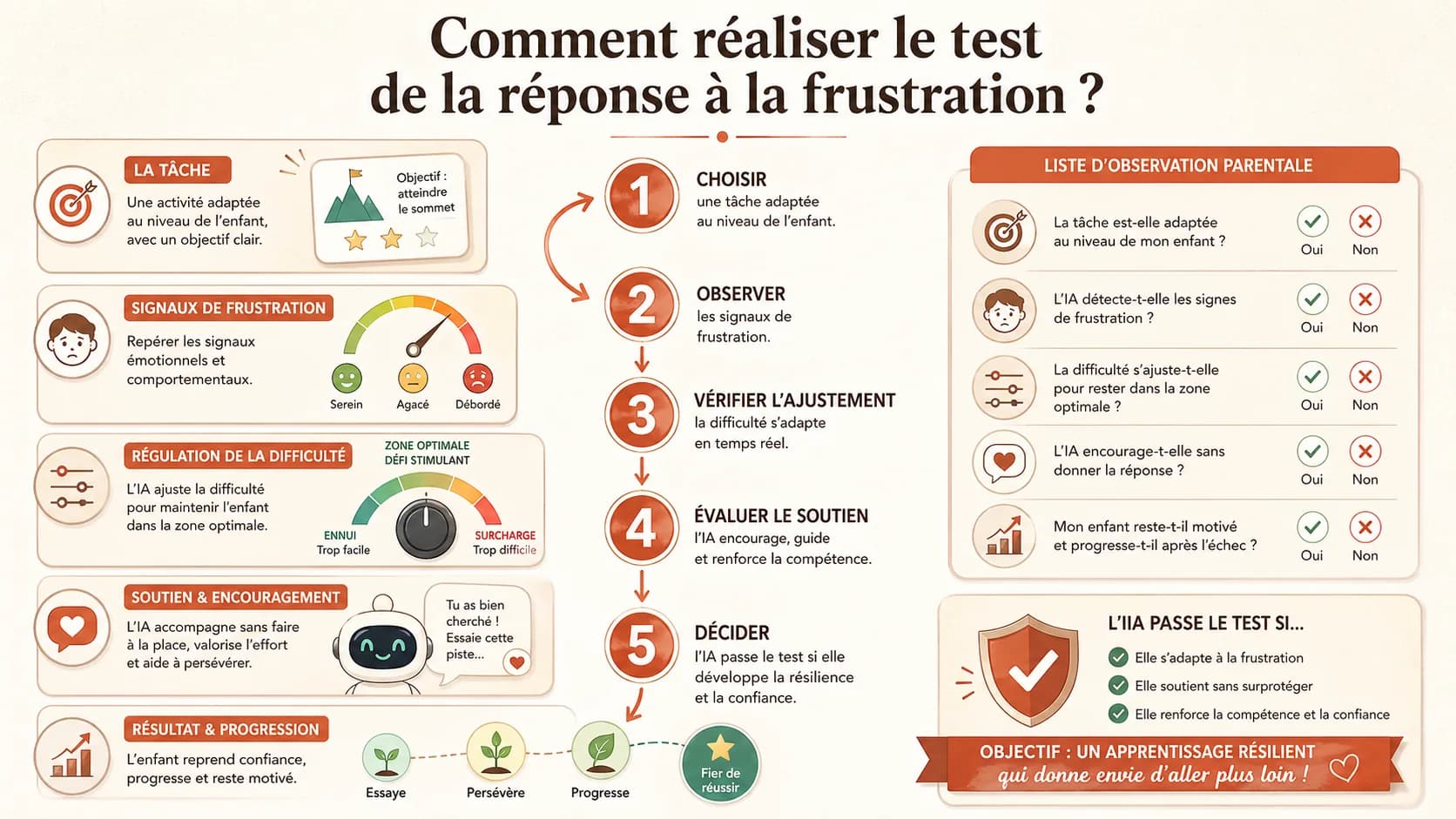Checklist ou tableau de bord visuel pour le test, avec des étapes et des points à observer