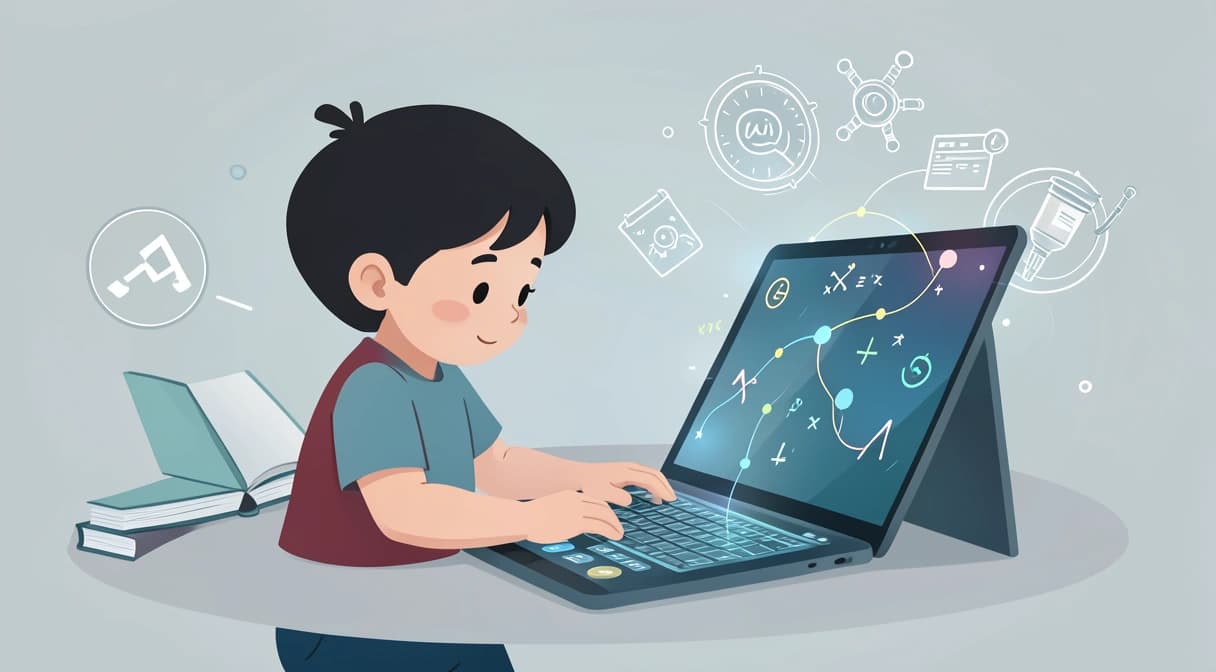 Un enfant interagissant avec un tuteur IA sur tablette, des graphiques de progression et des symboles de compétences futures (IA, robotique, créativité) flottant autour d'eux