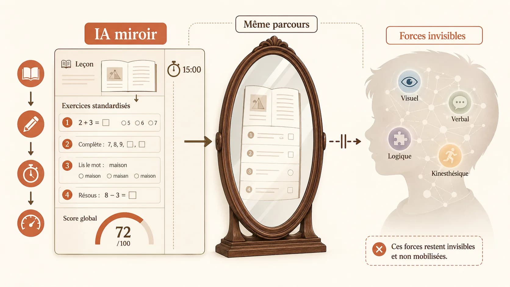 Capture d'écran d'une interface de tutorat IA générique montrant une liste d'exercices standardisés, un chronomètre et un score global, sans indication de style d'apprentissage ou de forces individuelles.