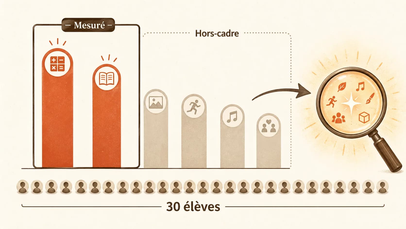 Graphique à barres stylisé montrant la répartition hypothétique des types d'intelligence dans une classe de 30 élèves, avec une surreprésentation des intelligences logico-mathématique et linguistique dans les activités scolaires traditionnelles.