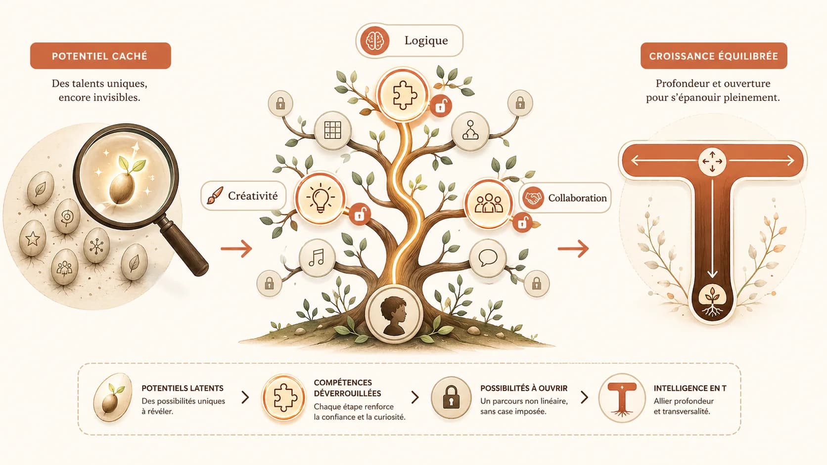 Capture d'écran d'une interface enfant montrant un "arbre de compétences" à débloquer, où les branches représentent différents domaines (logique, créativité, collaboration) et non des matières scolaires.