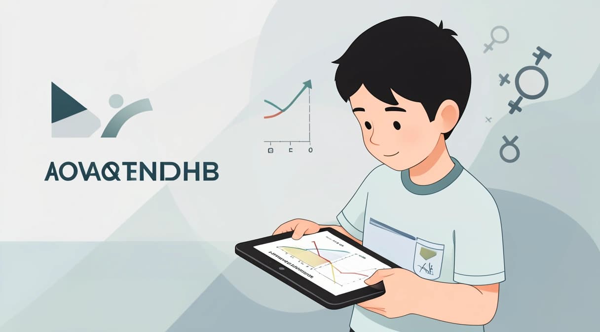 Illustration d'un enfant utilisant une tablette éducative, avec des graphiques de progression et des symboles d'égalité en arrière-plan