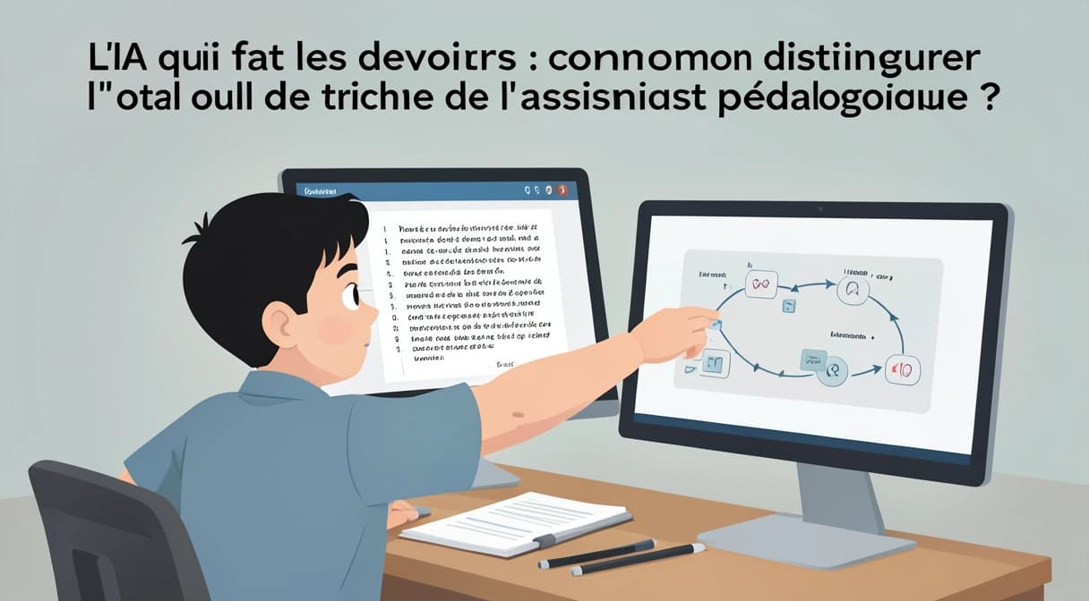 Illustration d'un enfant hésitant entre un robot qui lui donne une copie toute faite et un robot qui l'accompagne pour résoudre un problème