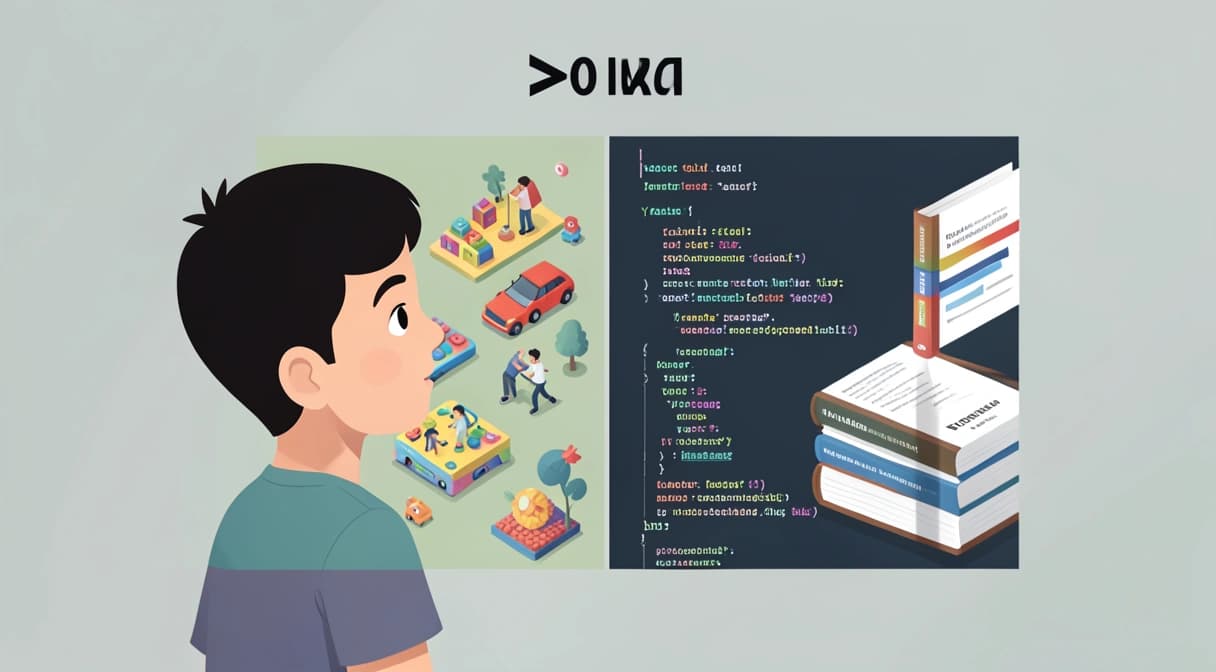 Illustration d'un enfant regardant un écran qui se divise en deux : un côté montre des jeux colorés, l'autre des lignes de code et des livres