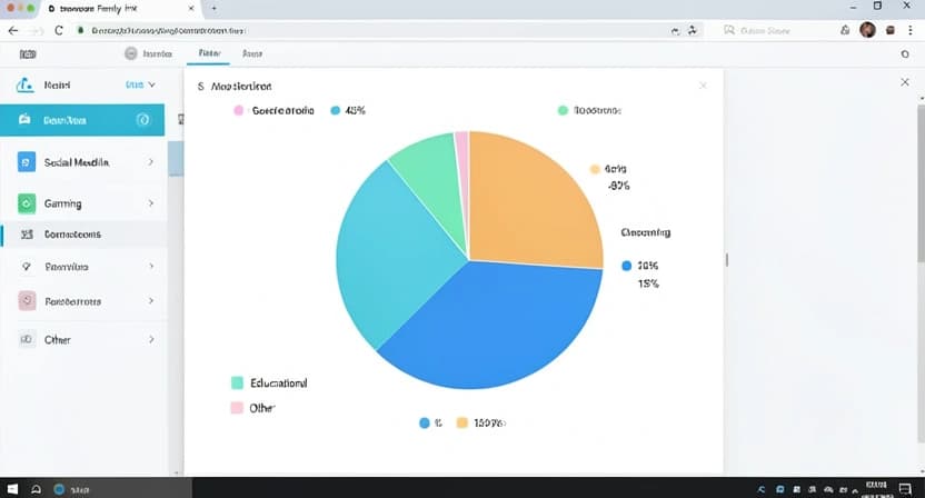 Capture d'écran du tableau de bord de suivi parental d'une application de contrôle d'écran, montrant une répartition des activités (réseaux sociaux, jeux, éducatif) et le temps passé sur chaque catégorie