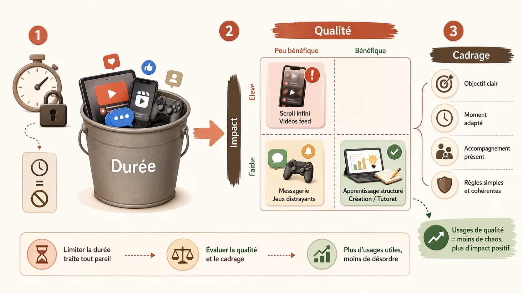 Capture d'écran d'un article de blog parental populaire titrant "10 astuces pour réduire le temps d'écran", avec des conseils génériques comme "fixer des limites" et "proposer des alternatives"