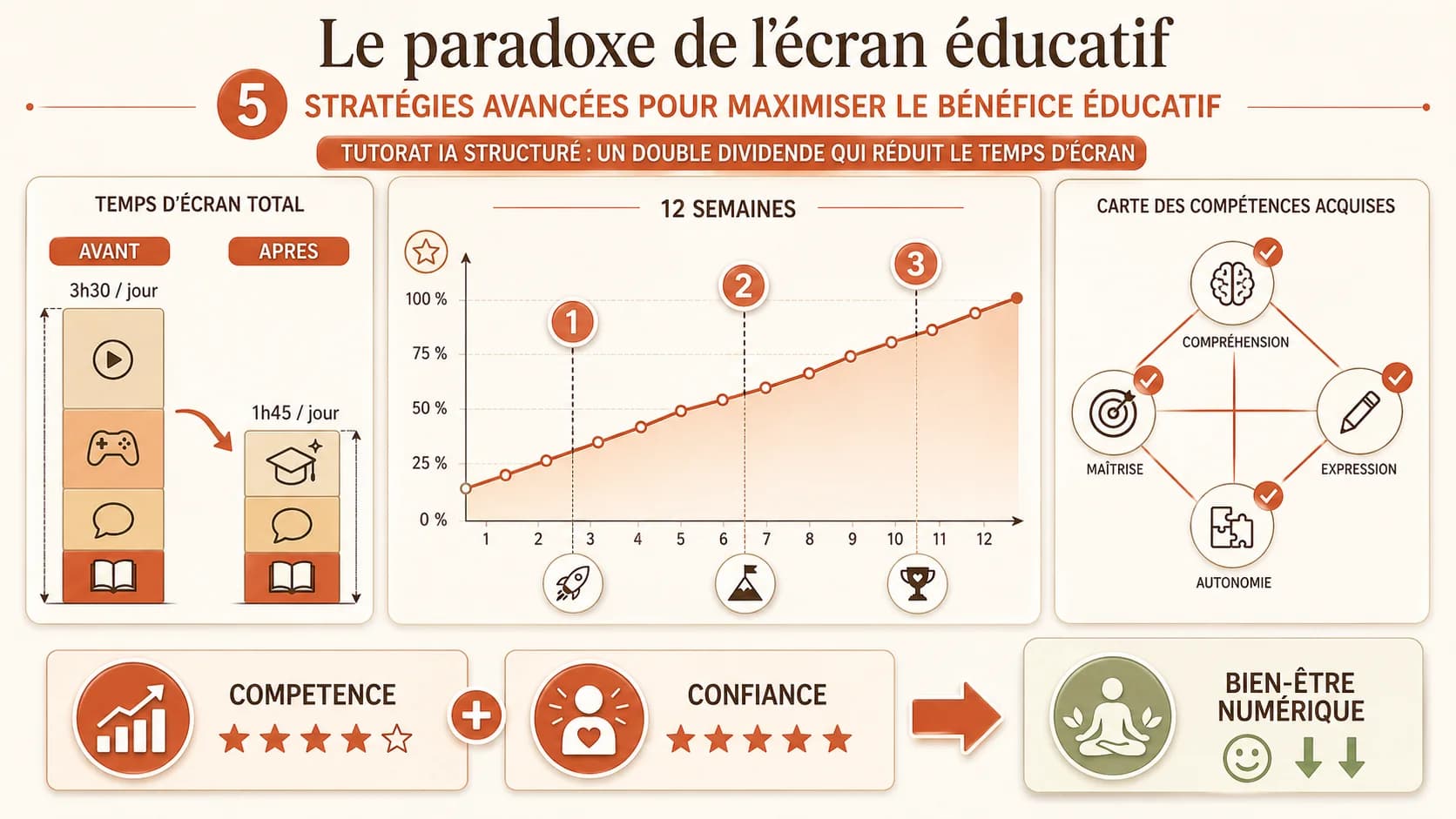 Capture d'écran d'un tableau de bord de progression détaillé montrant les compétences acquises par un enfant sur un trimestre, avec des graphiques d'évolution et des badges de réussite