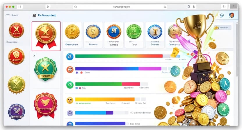 Capture d'écran de l'interface d'une application éducative populaire montrant un tableau de bord avec des badges, des barres de progression colorées et des récompenses virtuelles éclatantes