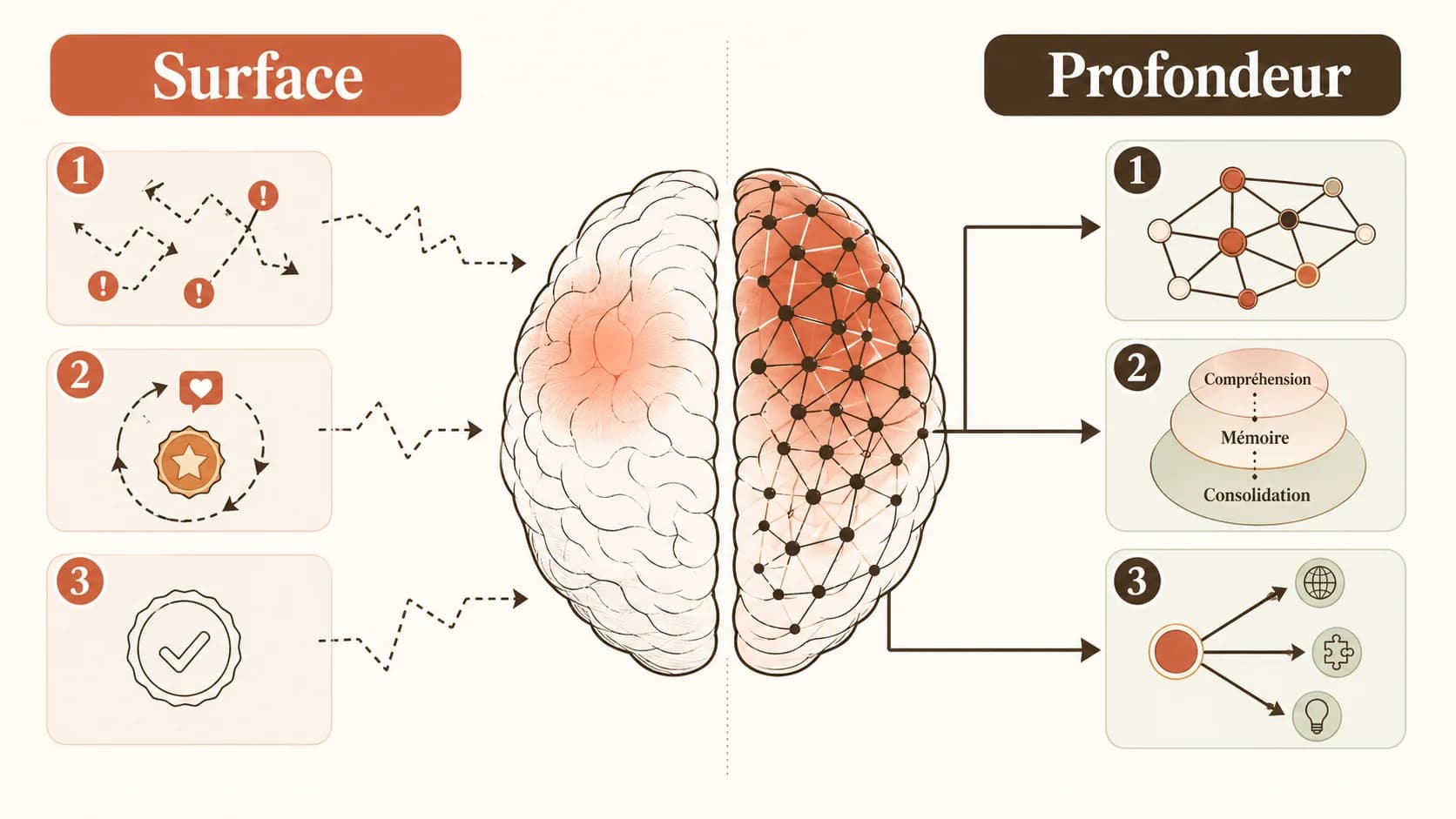 Graphique comparatif montrant l'activité cérébrale lors d'un apprentissage superficiel (faible activation du cortex préfrontal) vs un apprentissage profond (forte activation des réseaux de mémoire et de raisonnement)