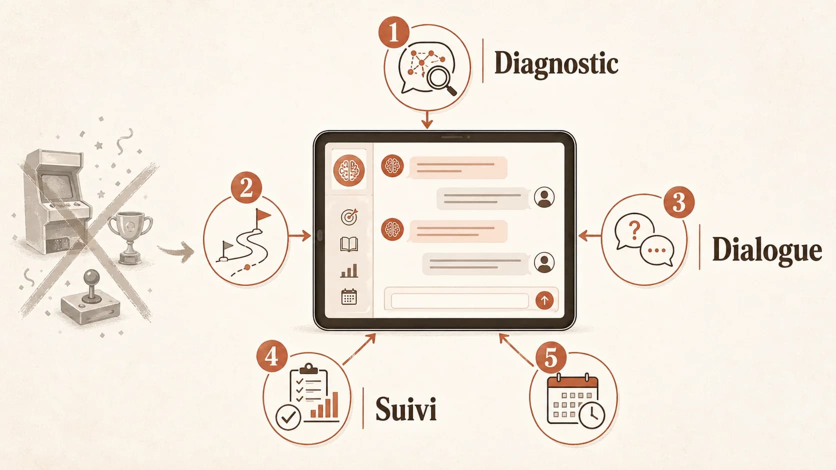 Capture d'écran de l'interface tutorale d'Akademos montrant un dialogue textuel structuré entre l'IA et l'enfant, avec des questions ouvertes, des indices progressifs et un suivi des prérequis