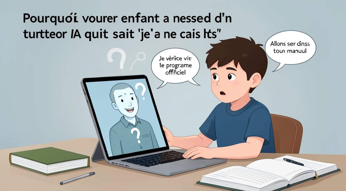 Enfant et tuteur IA en conversation, l'IA affiche un point d'interrogation amical et un message "Je ne suis pas sûr, demandons à ton professeur" sur l'écran