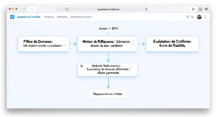 Capture d'écran de l'architecture technique simplifiée d'un tuteur IA, montrant les filtres "Base de connaissances validée", "Évaluateur de confiance", et "Module de redirection"