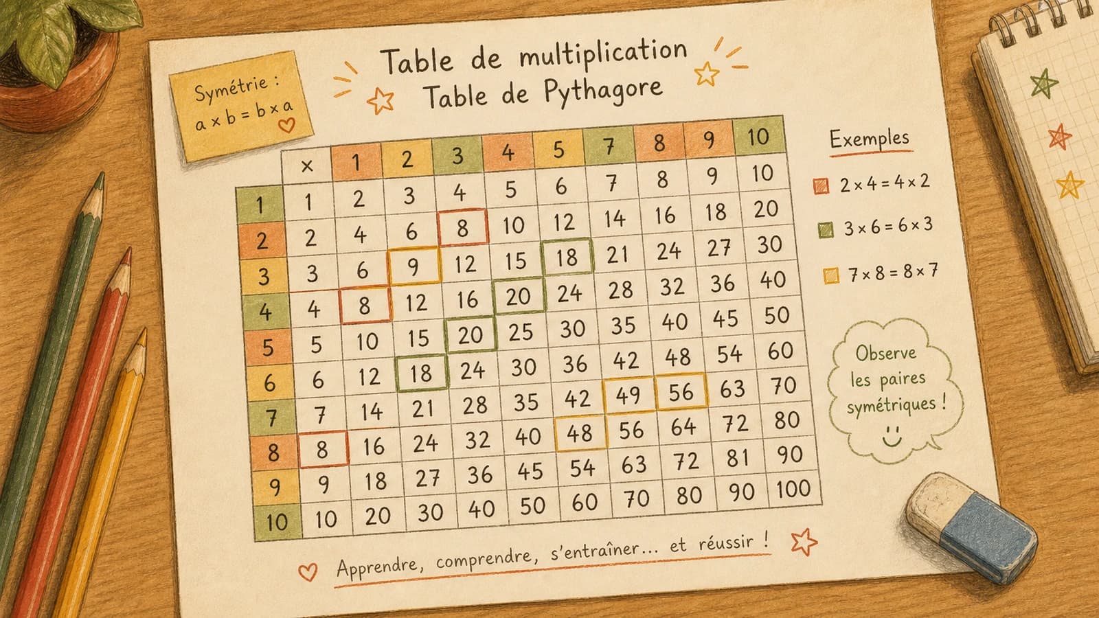 Table de Pythagore 1 à 10 avec symétrie colorée