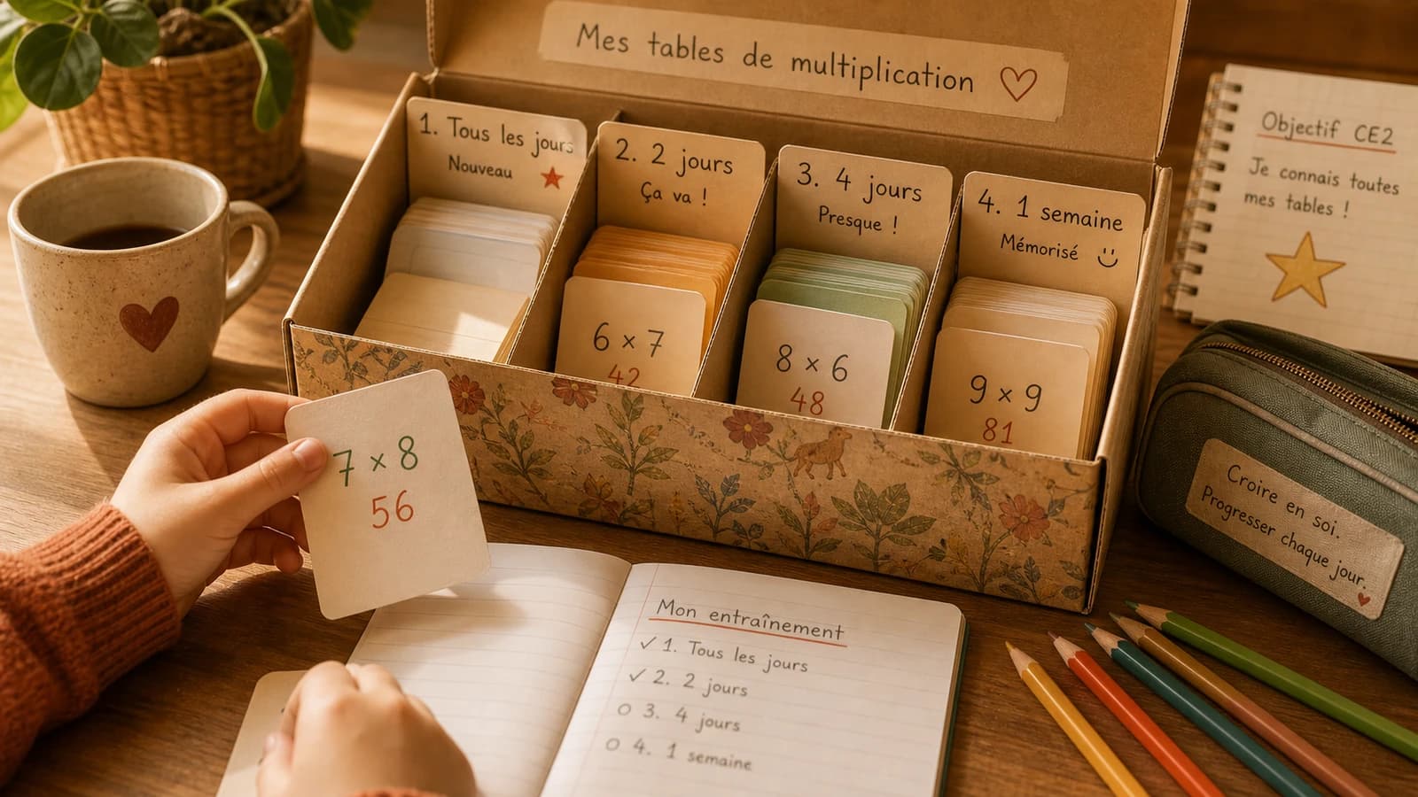 Boîte à fiches Leitner maison pour réviser les tables