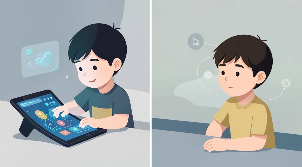 Illustration montrant un enfant interagissant avec une interface d'apprentissage lumineuse d'un côté, et un autre enfant regardant passivement un flux de vidéos de l'autre