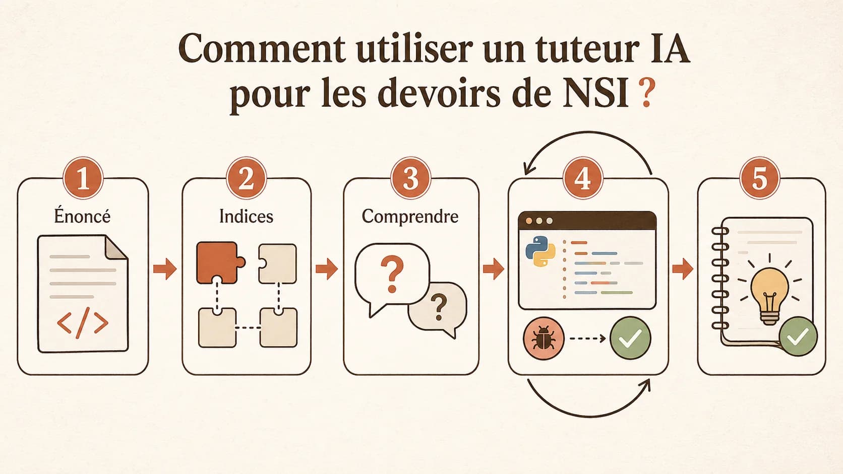 Infographie en étapes : de l'énoncé du devoir à la résolution avec un aide IA encadrée