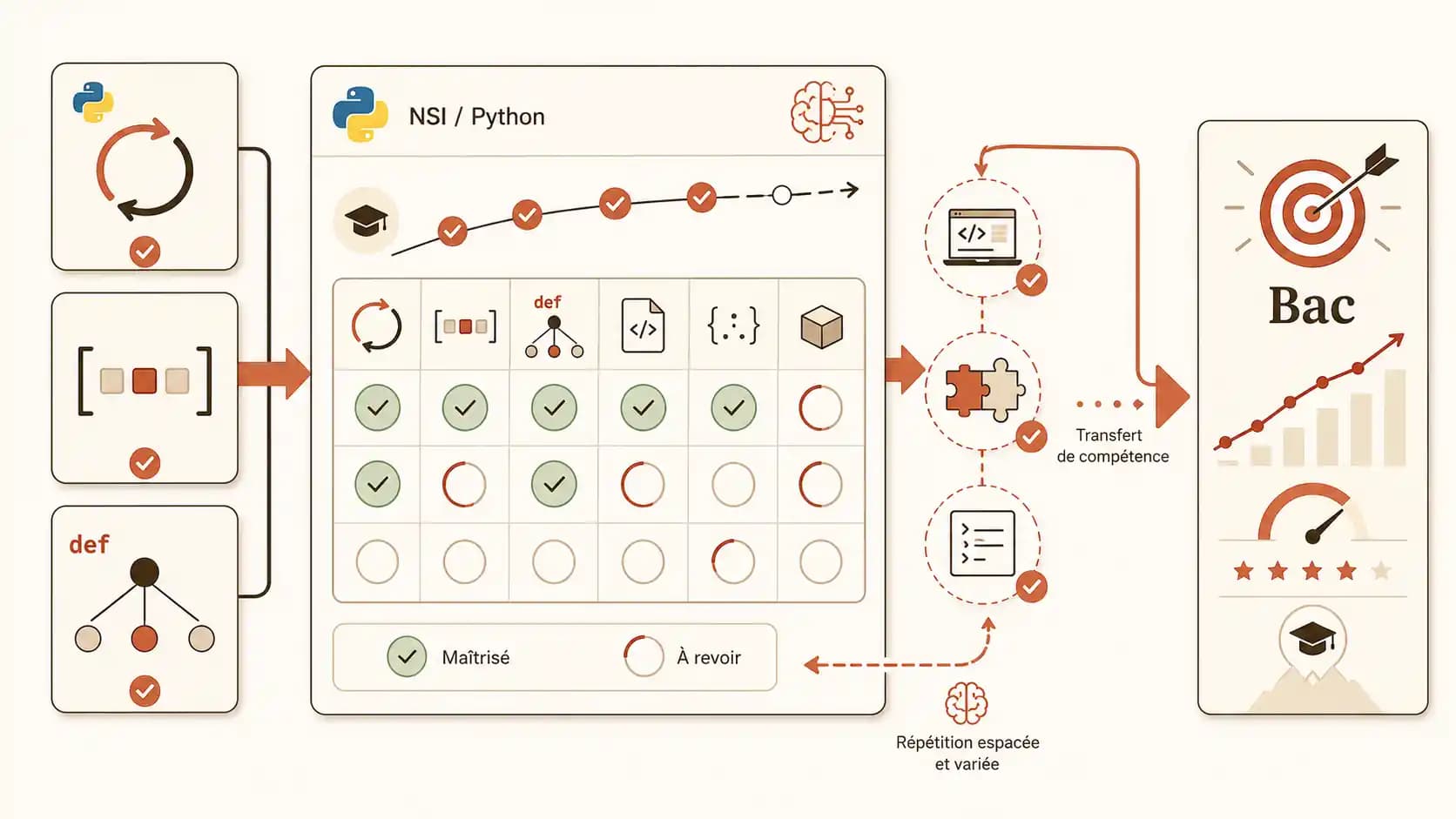 Visualisation d'un tableau de bord de progression montrant les concepts maîtrisés en Python