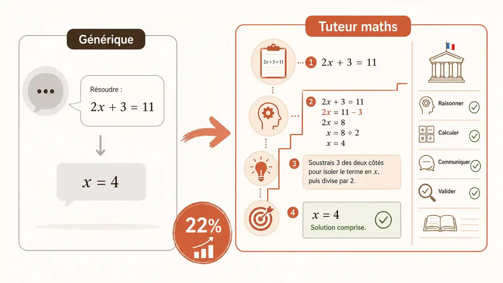 Capture d'écran comparant les réponses d'un chatbot générique et d'un aide IA encadrée spécialisé en mathématiques sur un même problème