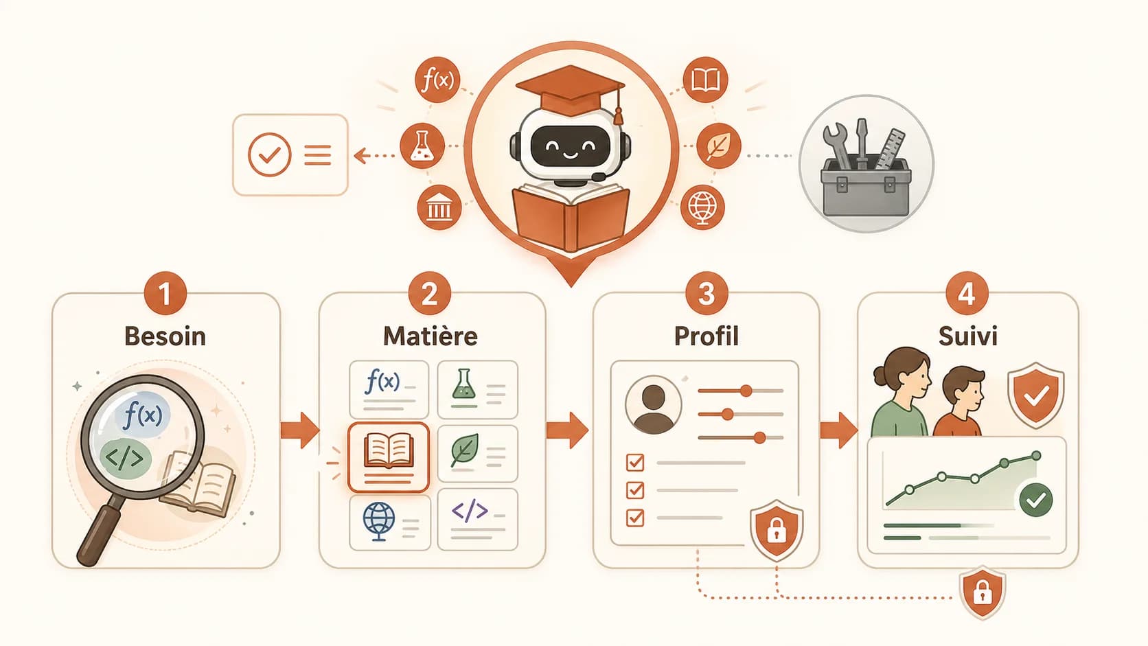 Infographie des étapes pour choisir et utiliser un aide IA encadrée spécialisé par matière