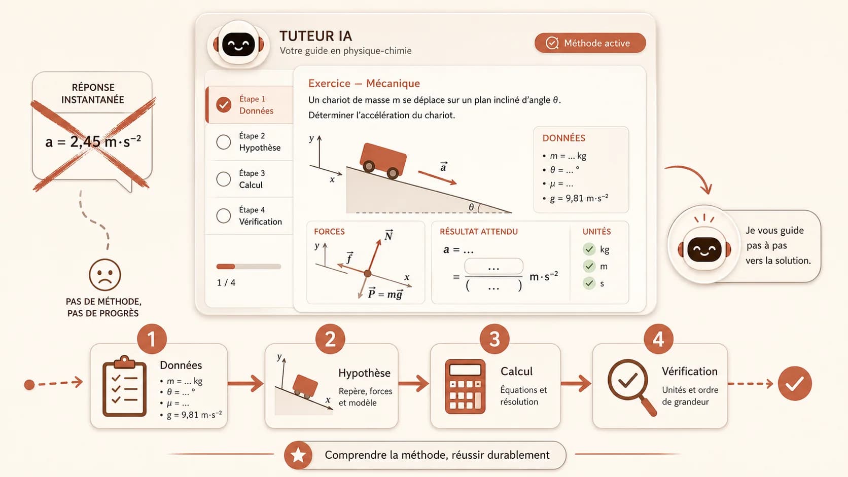 Capture d'écran réaliste d'une interface de tutorat IA montrant les étapes de résolution d'un problème de mécanique