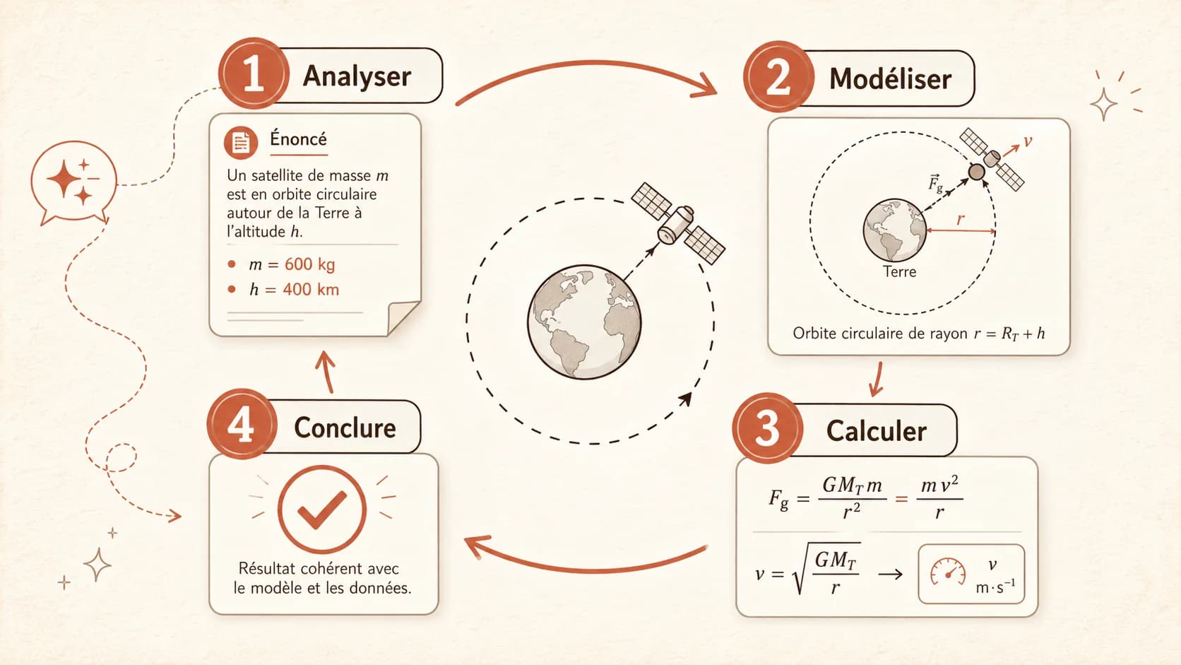 Infographie montrant le cycle complet de résolution d'un problème avec un aide IA encadrée, de la lecture de l'énoncé à la conclusion
