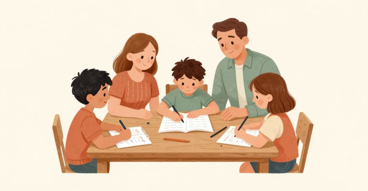 Une famille française aidant son enfant à réviser les mathématiques dans une ambiance chaleureuse