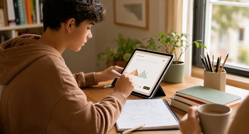 Un élève de 15 ans travaille sur une tablette à la maison