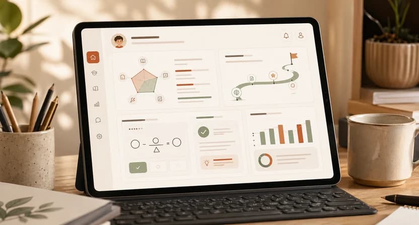 Interface d'une plateforme de tutorat IA avec exercices structurés et suivi de progression