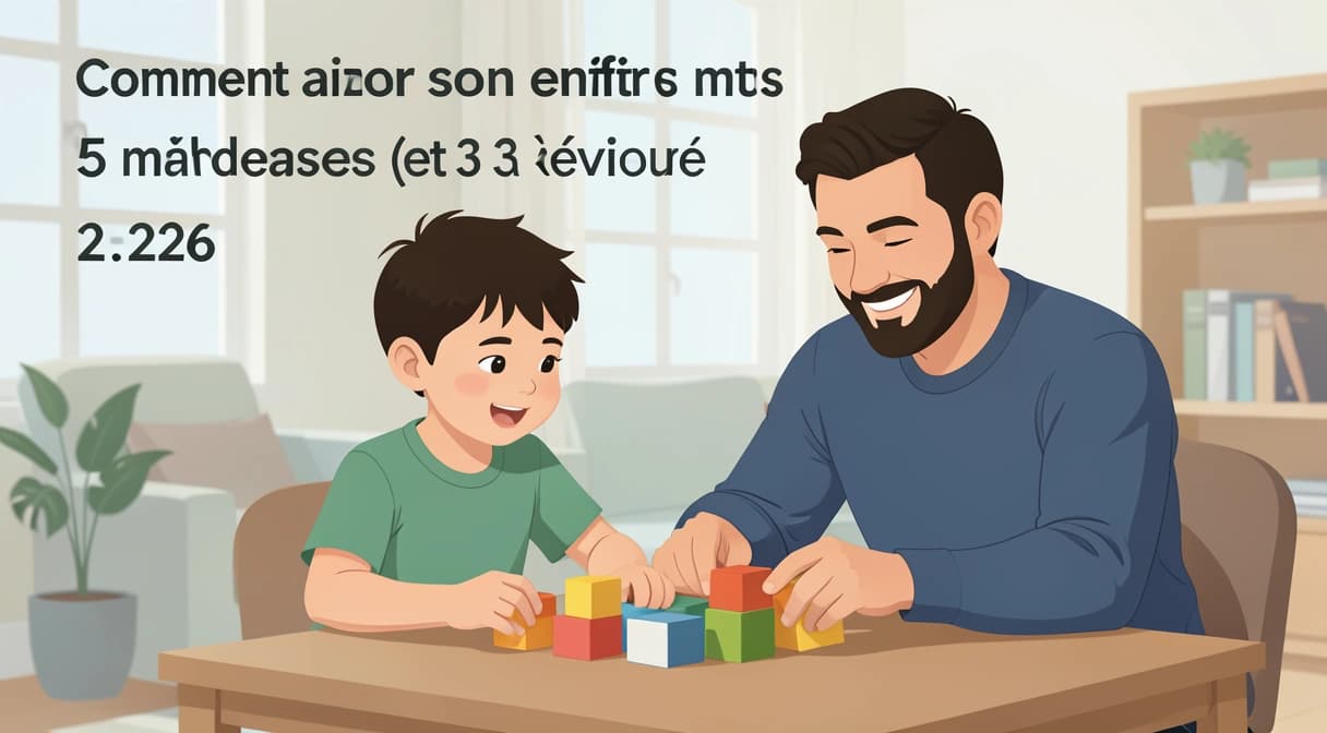Illustration d'un enfant et d'un parent travaillant ensemble sur un problème de géométrie avec des formes colorées, symbolisant l'aide aux devoirs en maths