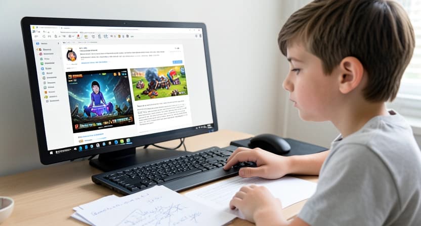 Photo d'un enfant frustré devant un écran d'ordinateur avec plusieurs fenêtres ouvertes : un chatbot, un jeu éducatif et un manuel scolaire numérisé