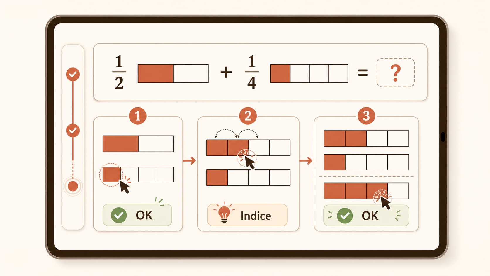 Capture d'écran d'une interface de tutorat IA montrant un problème de fraction décomposé en étapes interactives avec feedback à chaque clic